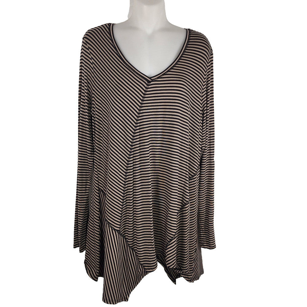 LOGO by Lori Goldstein Womens Striped Knit V Neck Top Asymmetric Hem Large Black
